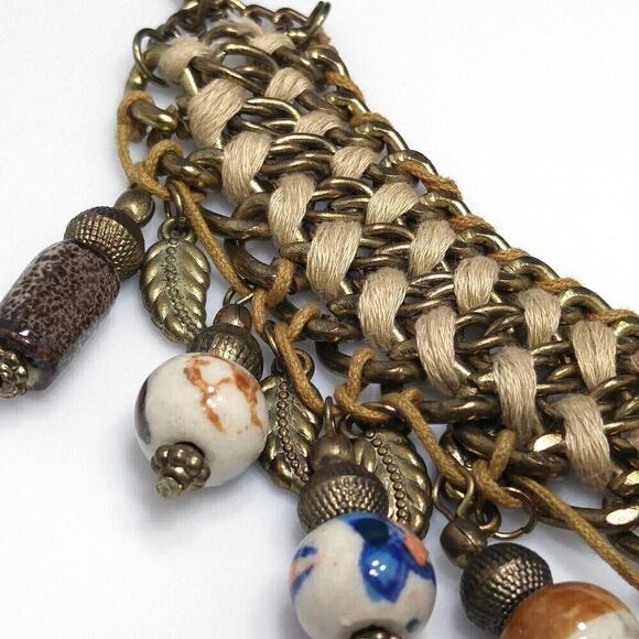Bohemian Statement Necklace Woven Gold Tone with Earth Tone Ceramic Beads - Picture 5 of 8